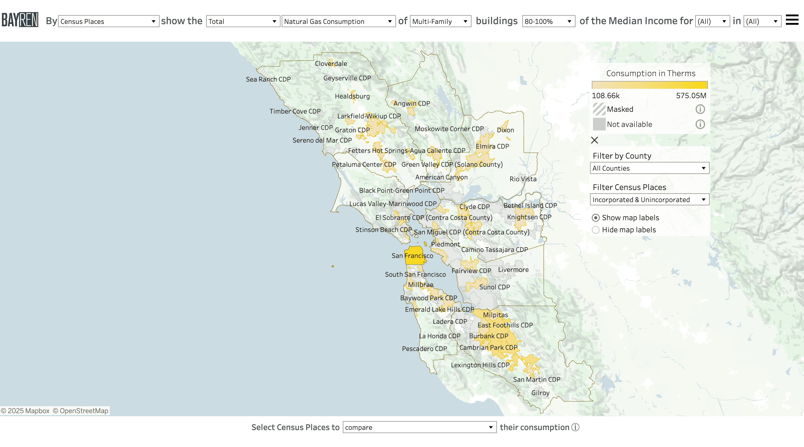 Screenshot of toolbar in Residential Income map view set to show the total electricity consumption of buildings categorized as Multi-Family representing 80-100% of the Median Family Income by Census Places for all months and all years.