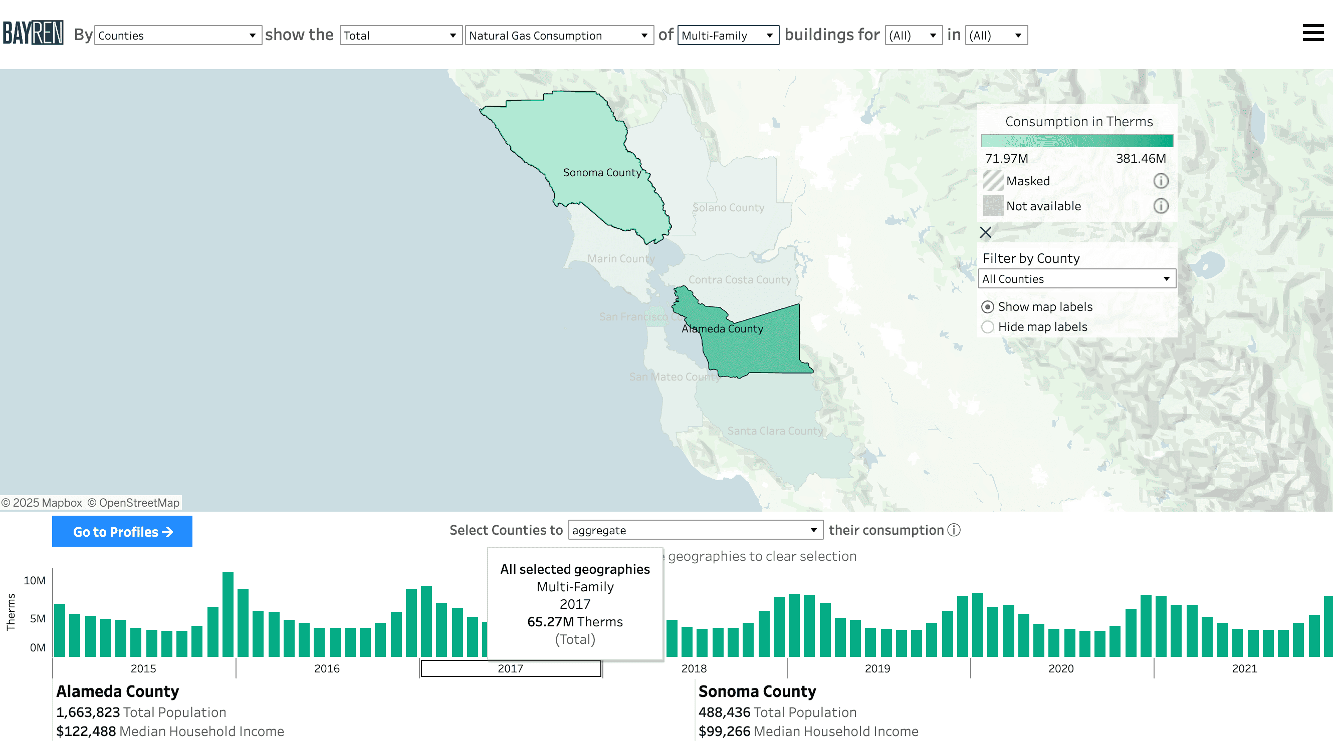 Screenshot of the Building Type map page with Sonoma County and Alameda County selected with the aggregate option open. A tooltip for 2017 for all selected geographies is populated.