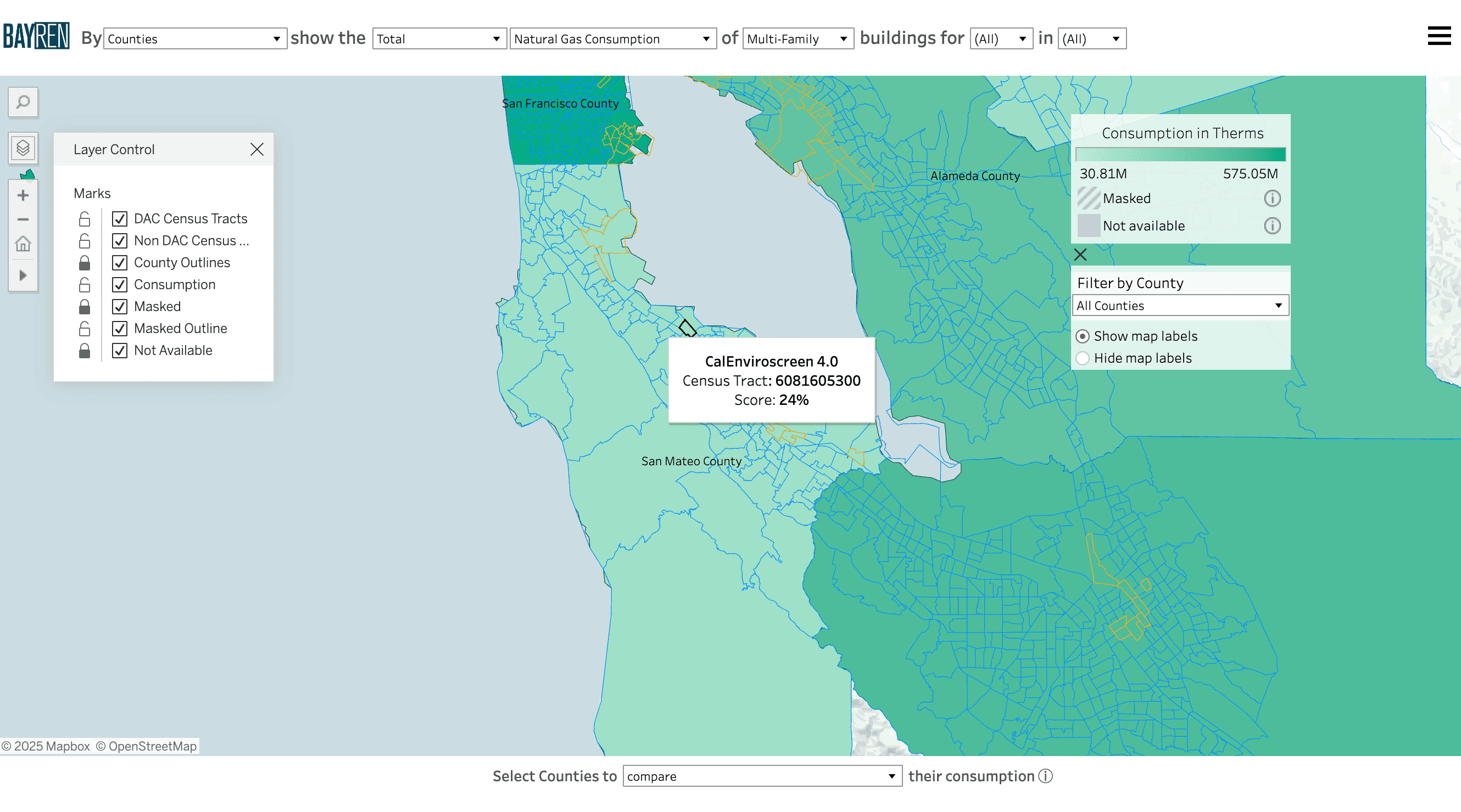 Screenshot of the Building Type map with the Layer Control menu open in the upper left side of the map area. Both DAC Census Tracts and Non-DAC Census Tracts layers are made visible. The Map is zoomed into a census tract in San Francisco County with the tooltip open, showing the name of the census tract as well as the CalEnviroscreen percentile score.