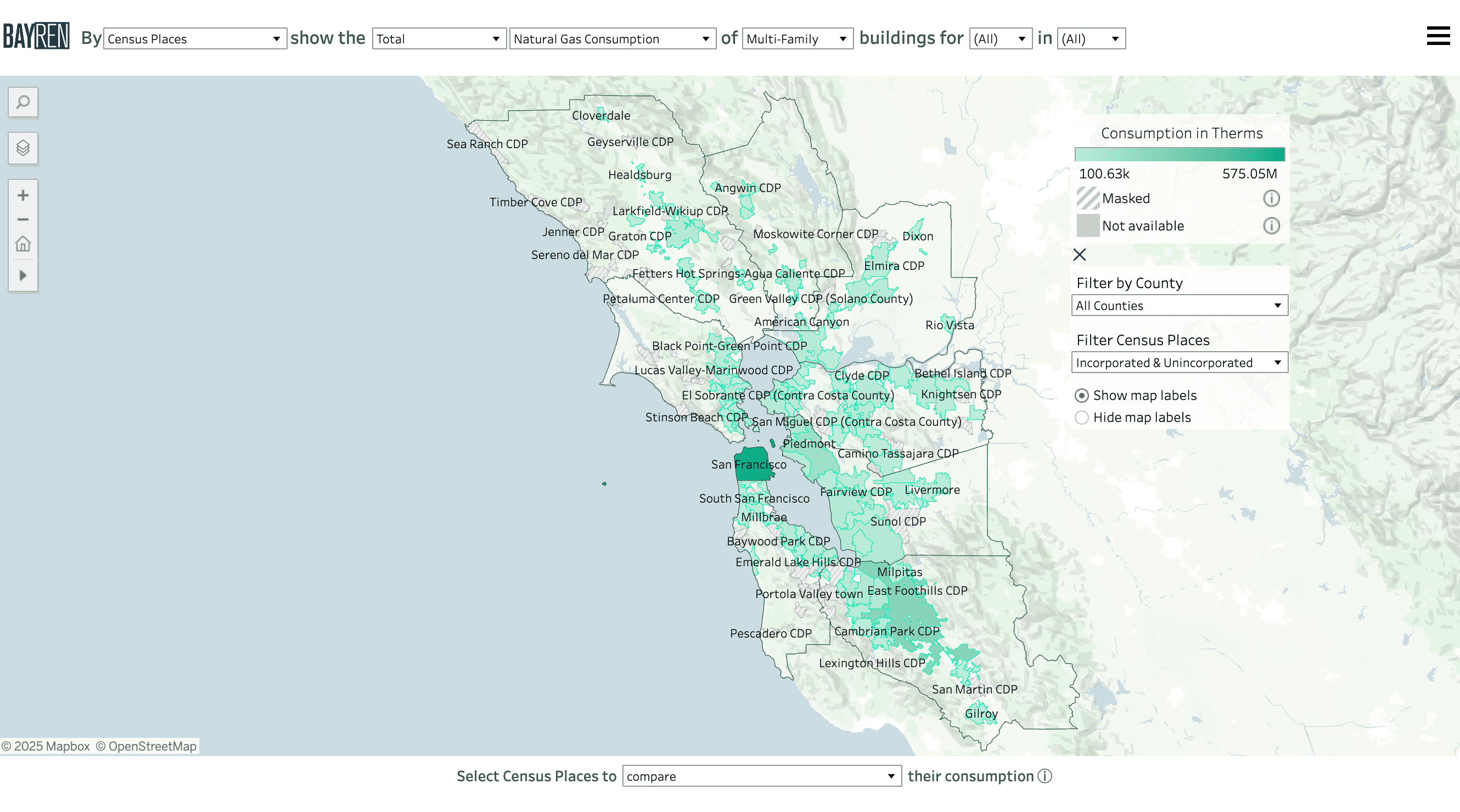 Screenshot of the Building Type map organized by census places with the Extra Map Controls available near the top right corner of the map page below the legend. The census places filter for incorporation status is visible.