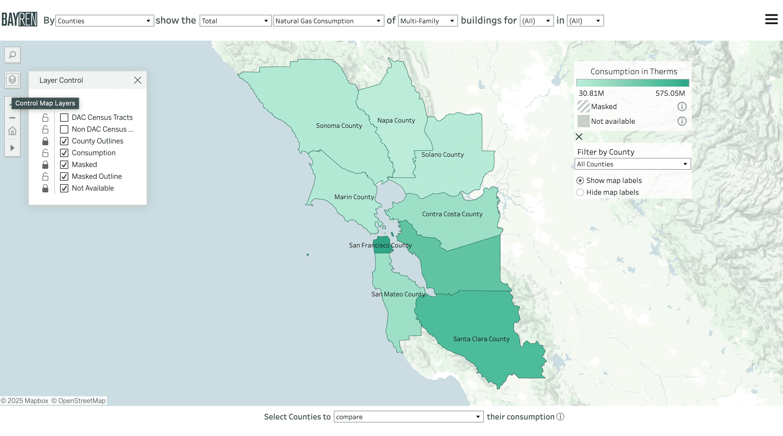Screenshot of the Building Type map with the Layer Control menu open in the upper left side of the map area.