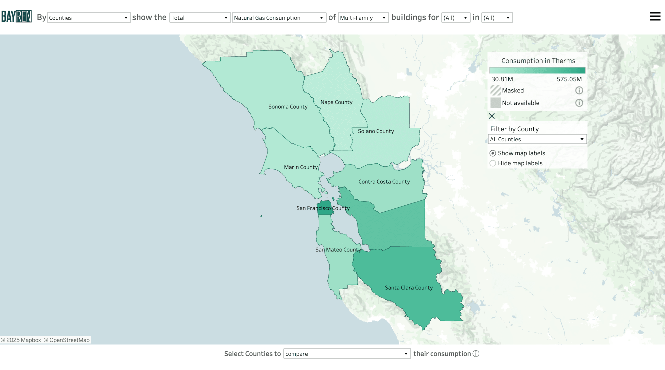 Screenshot of the Building Type map view set to show the total natural gas consumption of buildings categorized as Multi-Family by Counties for all months and all years.