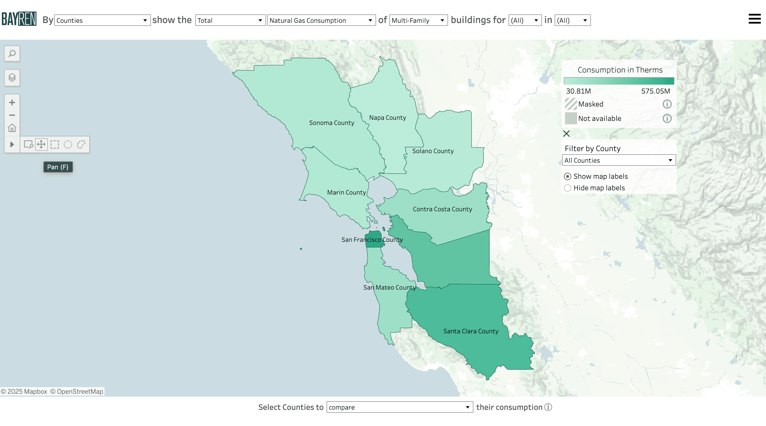 Screenshot of the Building Type Map with the map controls open, highlighting the pan function.