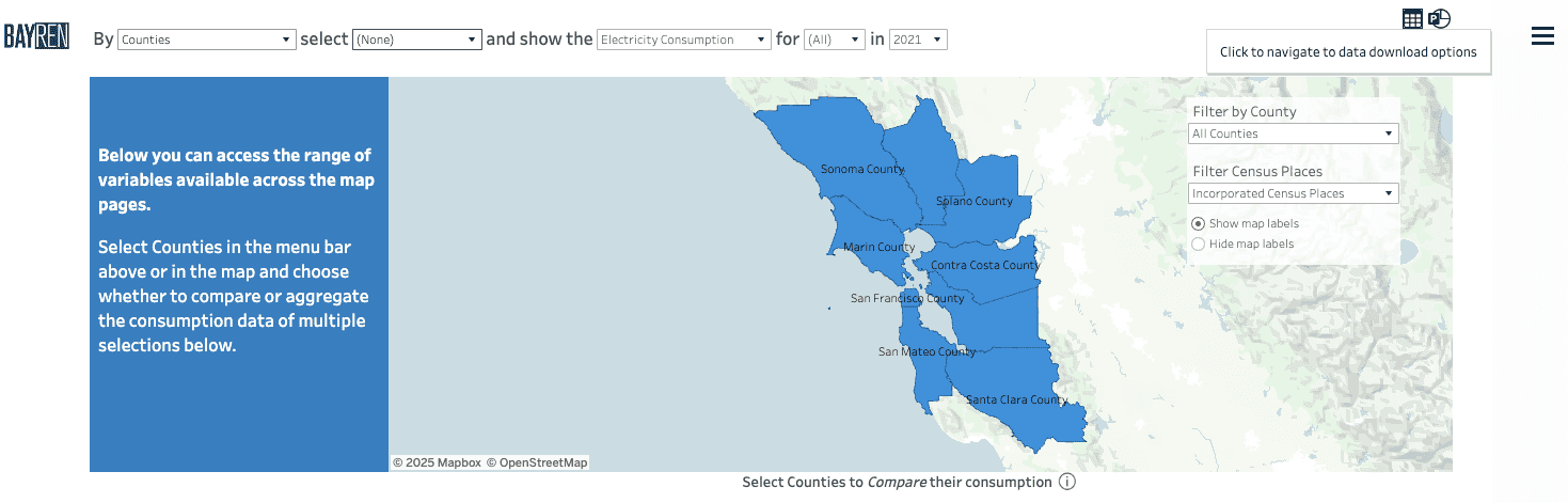 Screenshot of the top of the Profiles page with the tooltip for the data download navigation button open.
