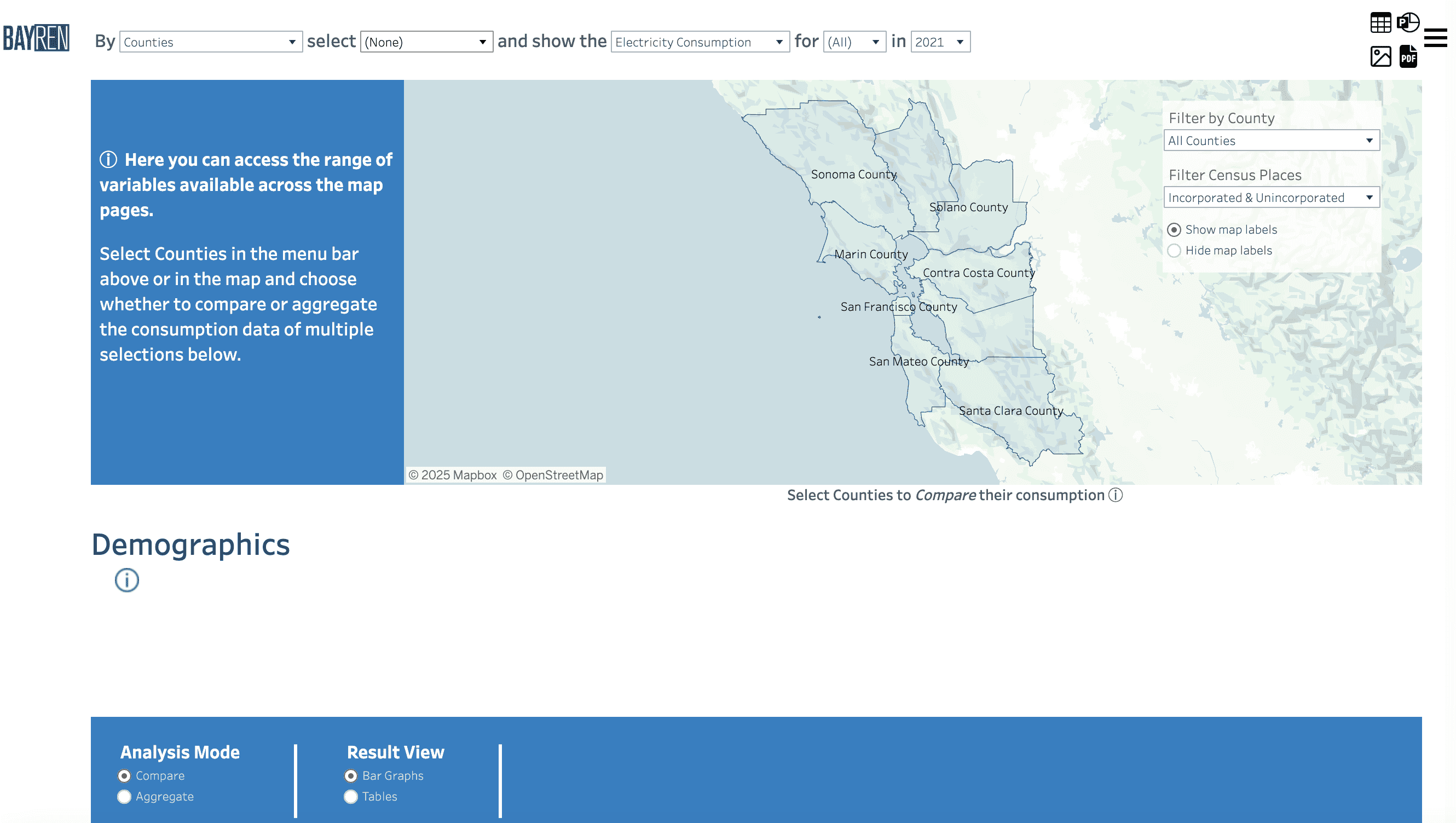 Screenshot of the very top of the Profiles page, showing the filter selection bar, the map, and the data summaries of the selected geographies.