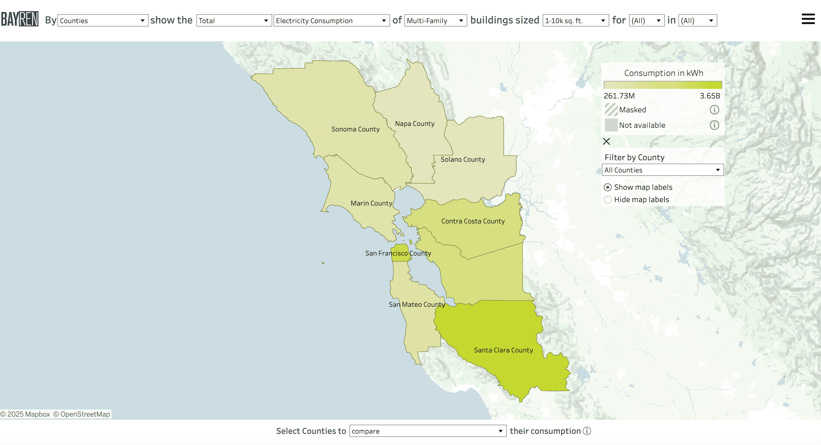 Screenshot of toolbar in Building Size map view set to show the total electricity consumption of buildings categorized as Single-Family and sized 1-10k sq. ft. by Counties for all months and all years.